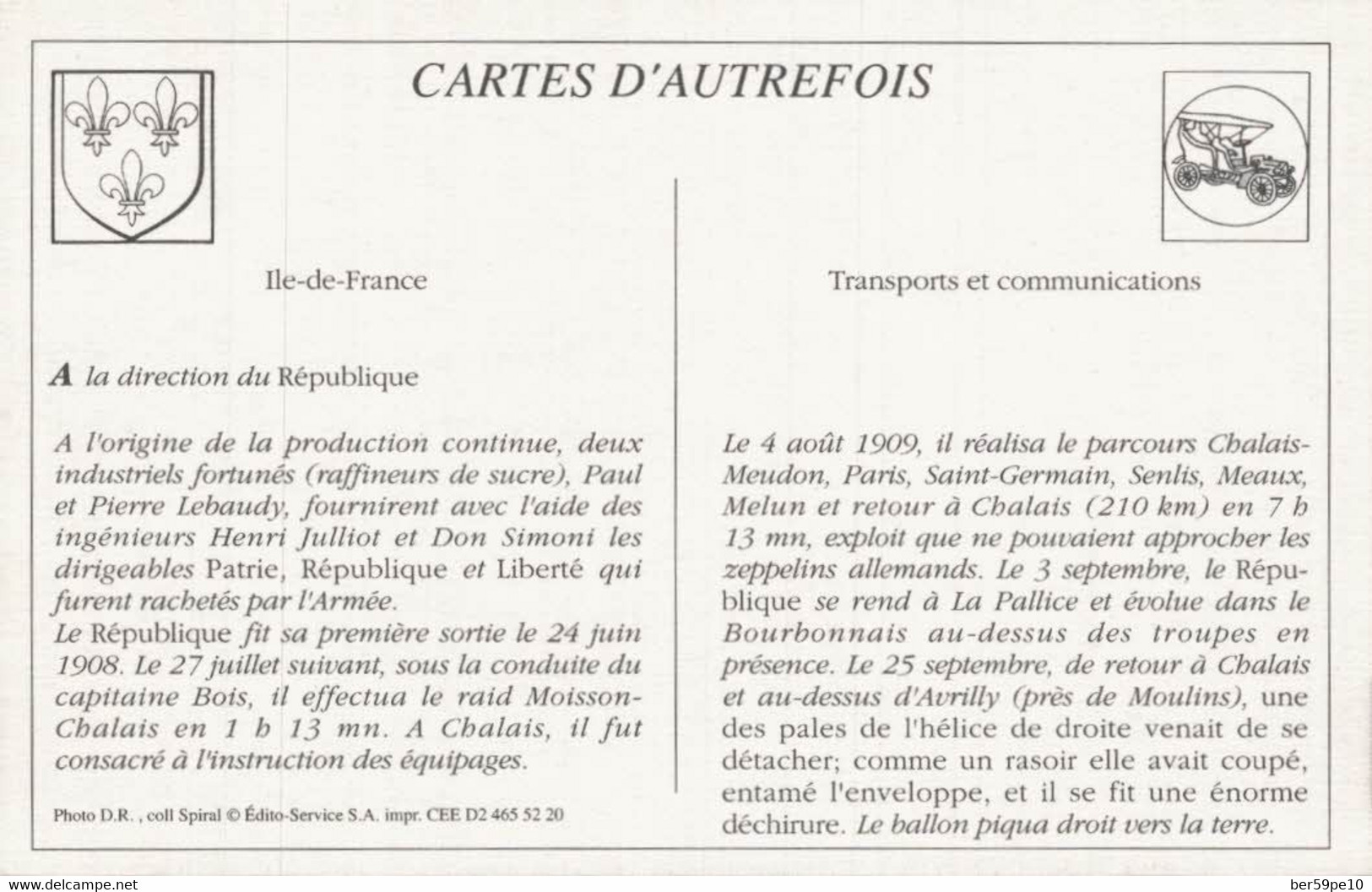 CARTE D'AUTREFOIS  TRANSPORTS ET COMMUNICATIONS ILE-DE-FRANCE A LA DIRECTION DU REPUBLIQUE - Ile-de-France