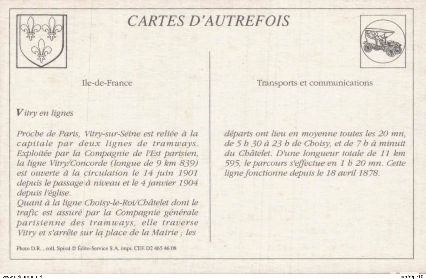 CARTE D'AUTREFOIS  TRANSPORTS ET COMMUNICATIONS ILE-DE-FRANCE  VITRY EN LIGNES - Ile-de-France