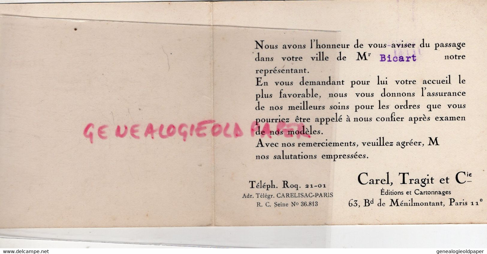 75- PARIS - RARE CARTON PUBLICITE CAREL TRAGIT EDITION CARTONNAGES-IMPRIMERIE -M. BICART- 63 BD MENILMONTANT - Publicités