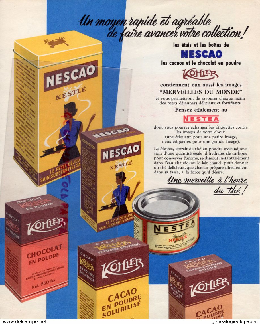 CHOCOLAT CACAO-BELLE PUBLICITE CHROMO NESTLE KOHLER FRIGOR-NESTEA-NESCAO-  MERVEILLES DU MONDE - Alimentaire