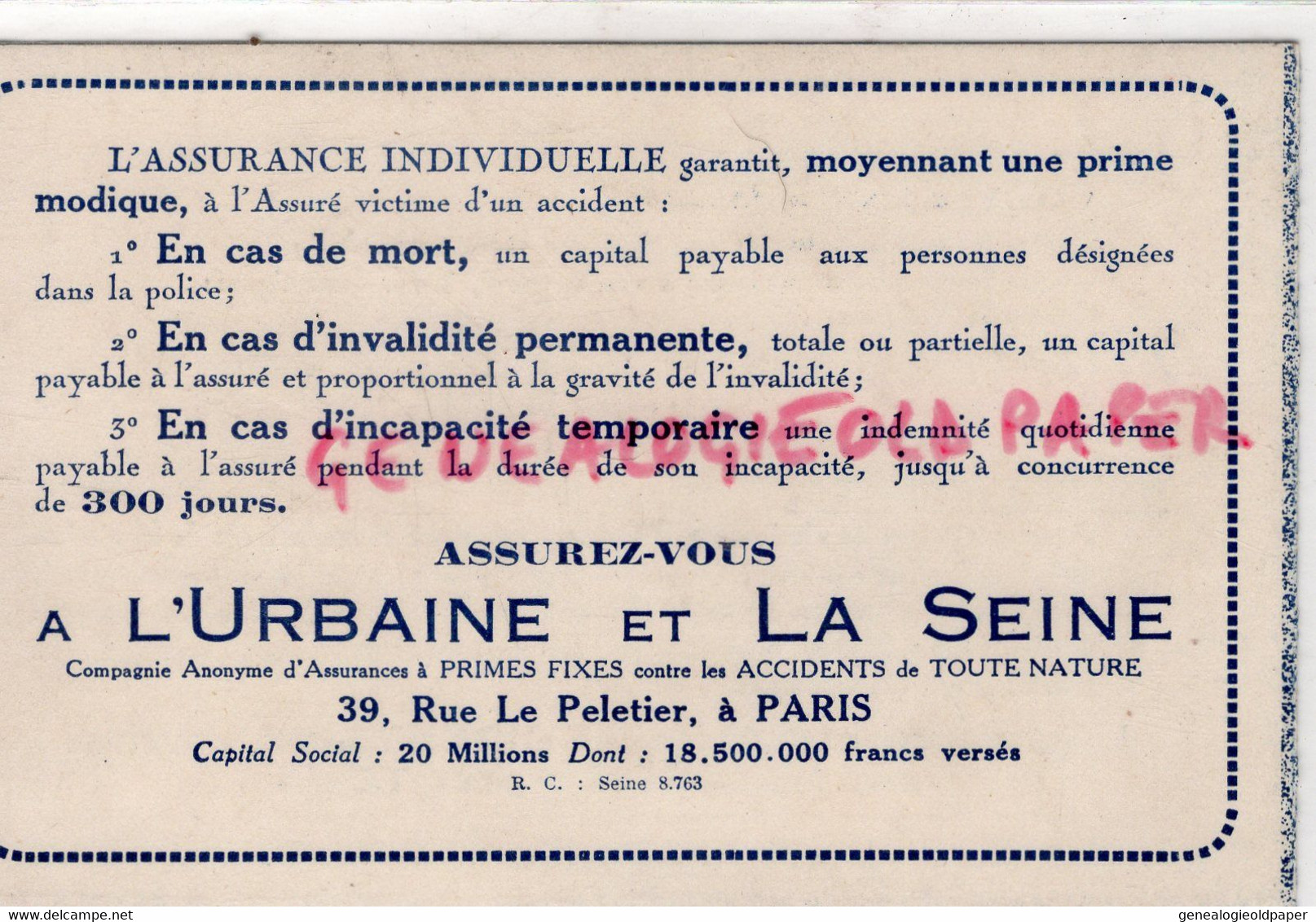 75- PARIS- RARE CARTE POSTALE ET PUBLICITE ASSURANCES L' URBAINE ET LA SEINE -39 RUE LE PELETIER -ACCIDENT JOE BRIDGE - Bank & Versicherung