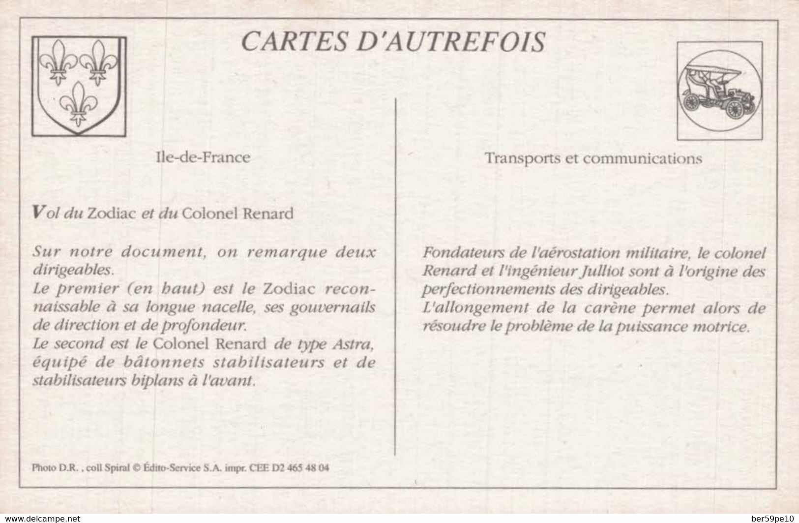 CARTE D'AUTREFOIS  TRANSPORTS ET COMMUNICATIONS ILE-DE-FRANCE VOL DU ZODIAC ET DU COLONEL RENARD - Ile-de-France