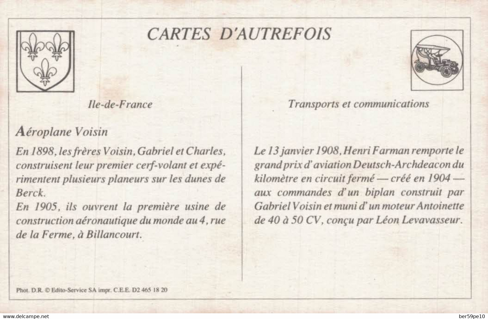 CARTE D'AUTREFOIS  TRANSPORTS ET COMMUNICATIONS ILE-DE-FRANCE  AEROPLANE VOISIN - Ile-de-France