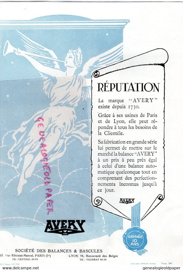 75- PARIS-RARE PUBLICITE ILLUSTREE AVERY BALANCES BASCULES -BALANCE-37 RUE ETIENNE MARCEL-LYON-63 BD BELGES - Publicités