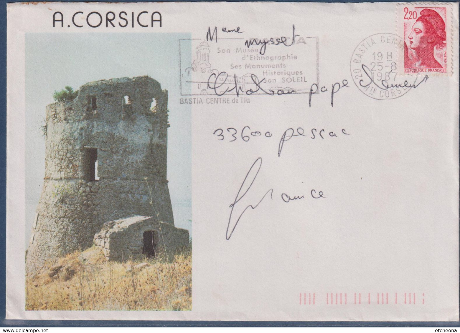 Enveloppe Illustrée A. Corsica Bastia 25.8.87 Flamme Son Musée D'ethnographie Son Soleil Monuments Timbre 2376 Marianne - Unclassified