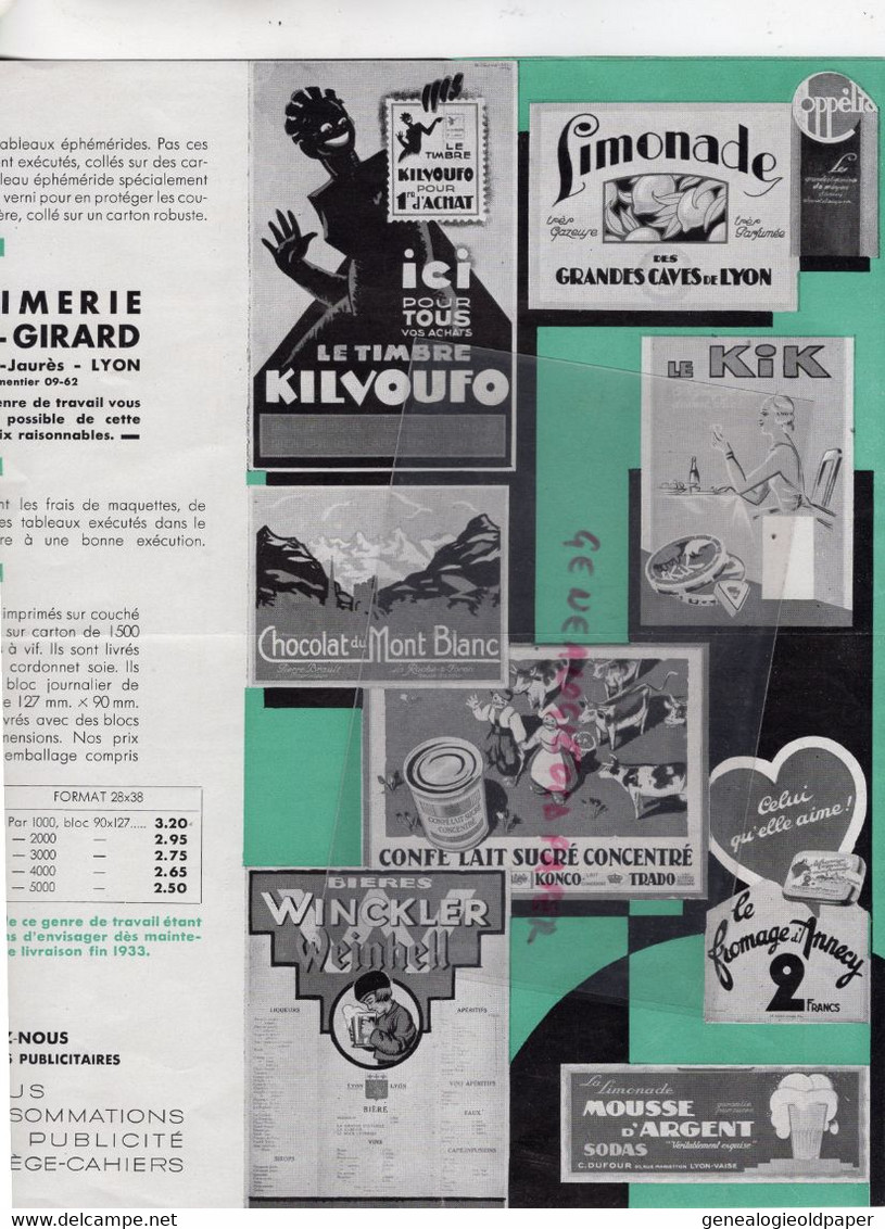 69- LYON- RARE PUBLICITE IMPRIMERIE DURAND GIRARD- 74 AVENUE JEAN JAURES-1933- GRAF-LION D'OR-MONT BLANC-WINCKLER-ANNECY - Advertising