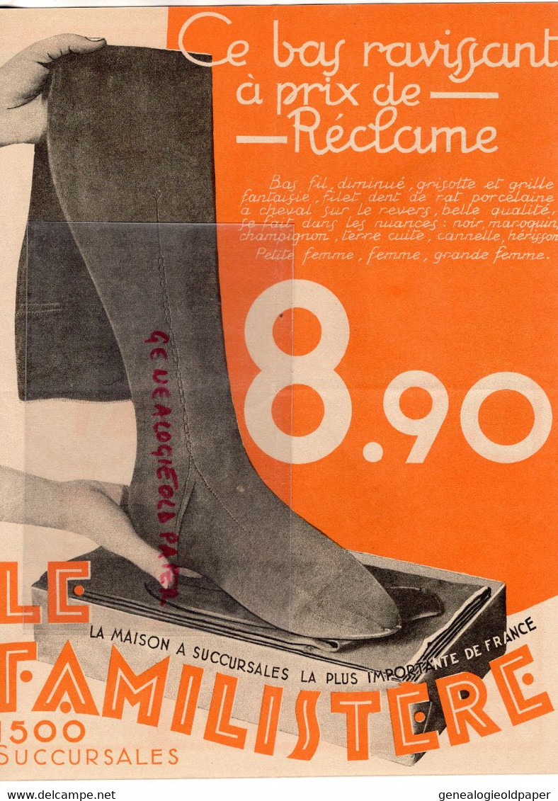 51- REIMS- RARE PUBLICITE LE FAMILISTERE - LINGERIE BAS NOIR SOIE- CONFISERIE PAQUES -CHOCOLAT-BANYULS-CHABLIS-BARSAC- - Publicités