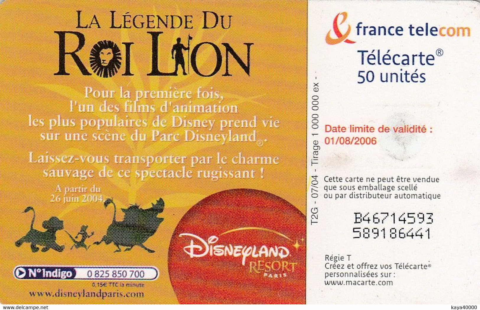 Télécarte  Francetélécom    #  LE ROI LION # - 2004