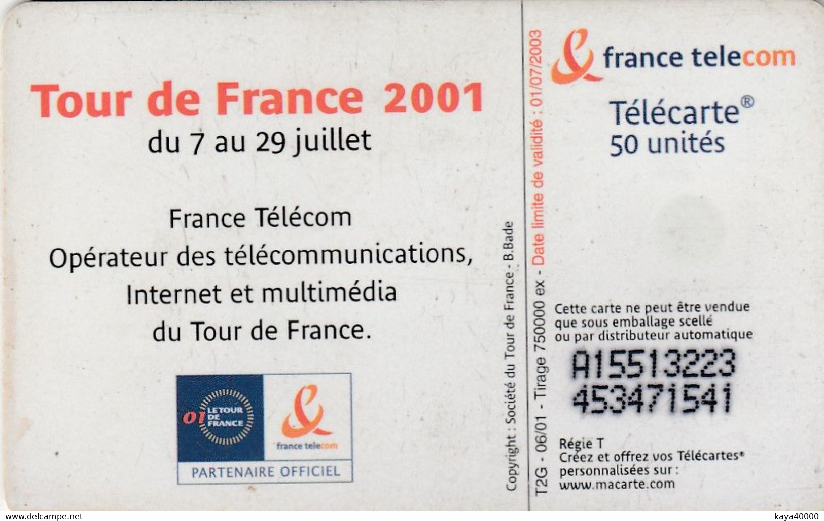 Télécarte  Francetélécom    #  Tour De FRANCE 2001 # - 2001