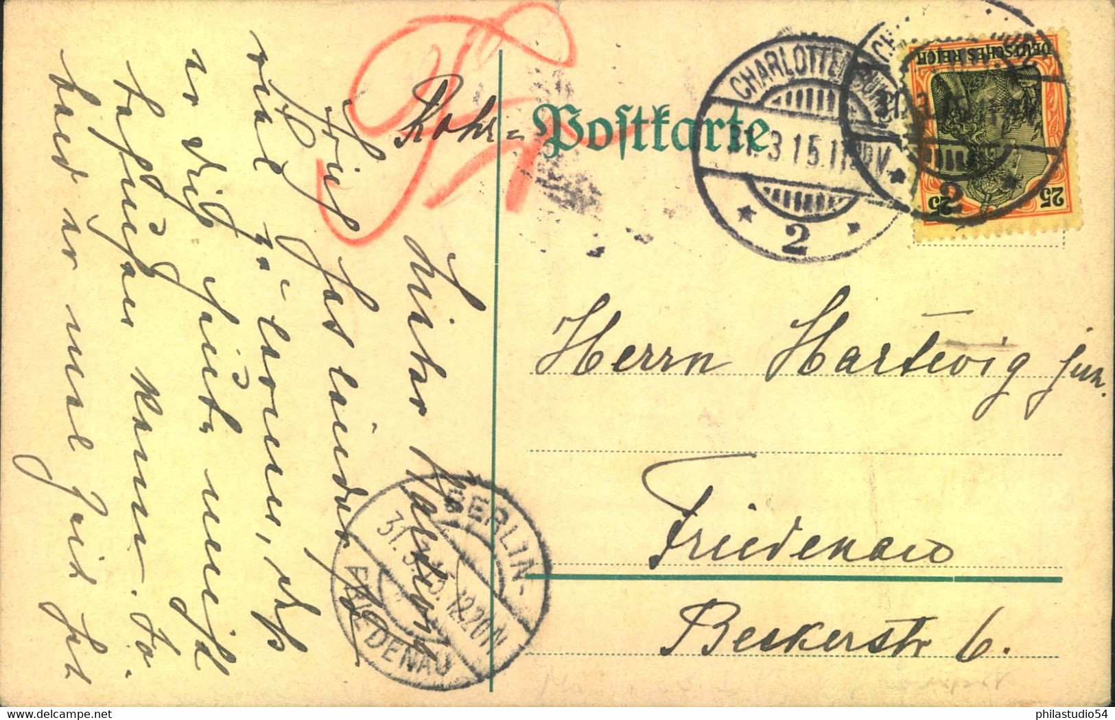 1915, 25 Pfg. Germania Auf Rohrpostkarte Ab CHARLOTTENBURG - Briefe U. Dokumente