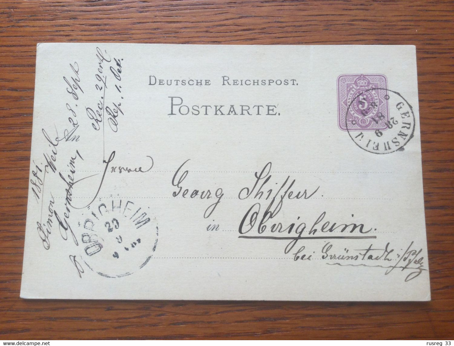 HE2451 Deutsches Reich Ganzsache Stationery Entier Postal P 10 Von Gernsheim Nach Obrigheim Bei Grünstadt - Other & Unclassified