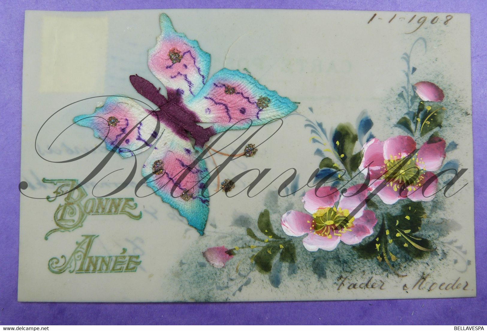 Handpainted  Postcard 4 X Cpa Celluloid Peint A La Main. Handcrafted. - Nieuwjaar