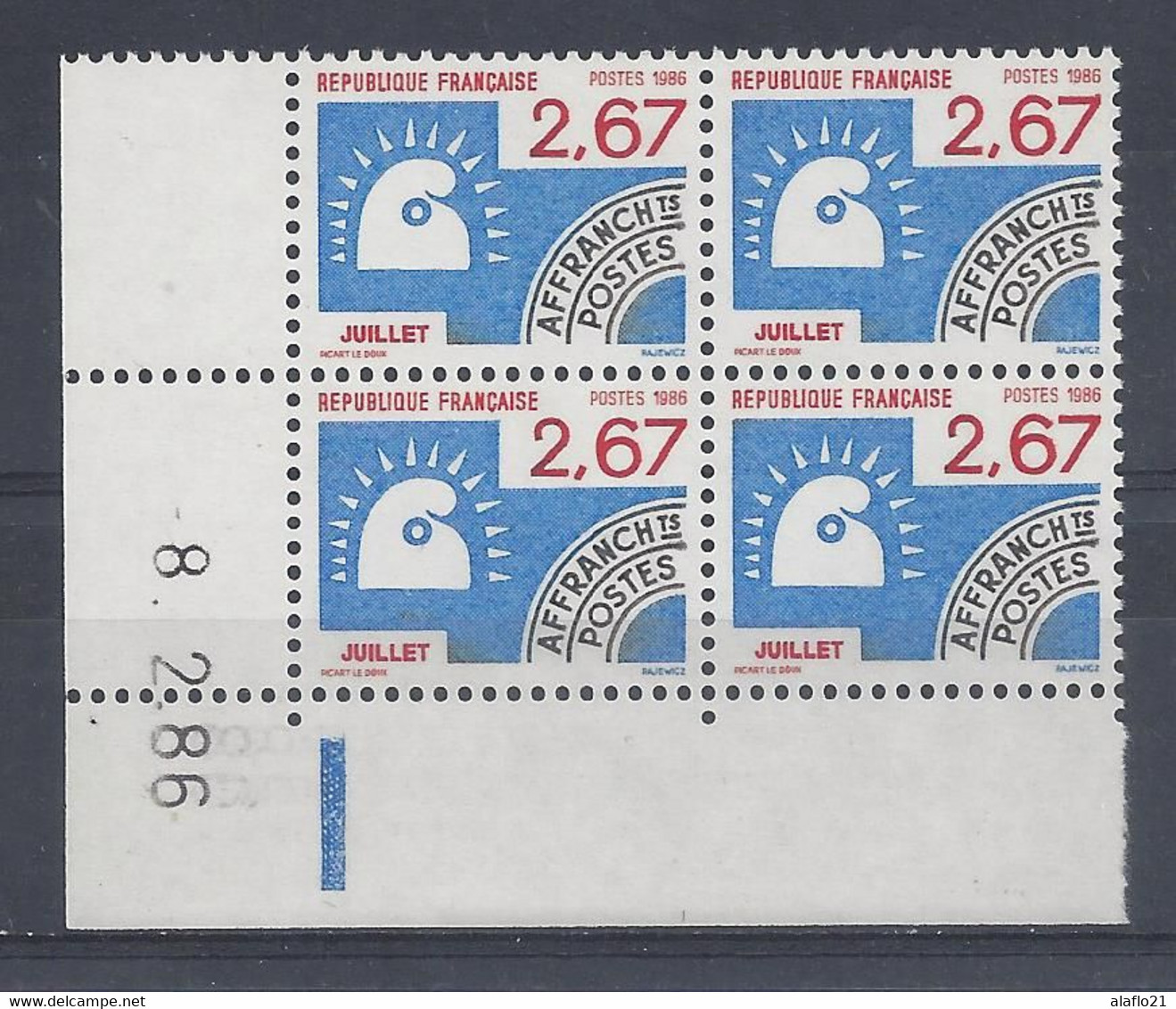 PREOBLITERE N° 192 - JUILLET - Bloc De 4 COIN DATE - NEUF** - 8/2/86 - Precancels