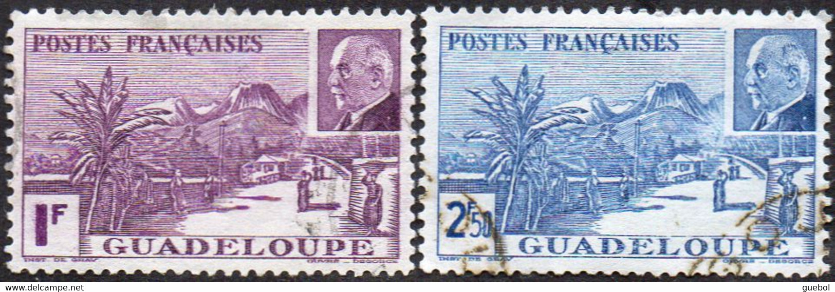Détail De La Série Maréchal Pétain Obl. Guadeloupe N° 161 Et 162 - La Grande Soufrière - 1941 Série Maréchal Pétain