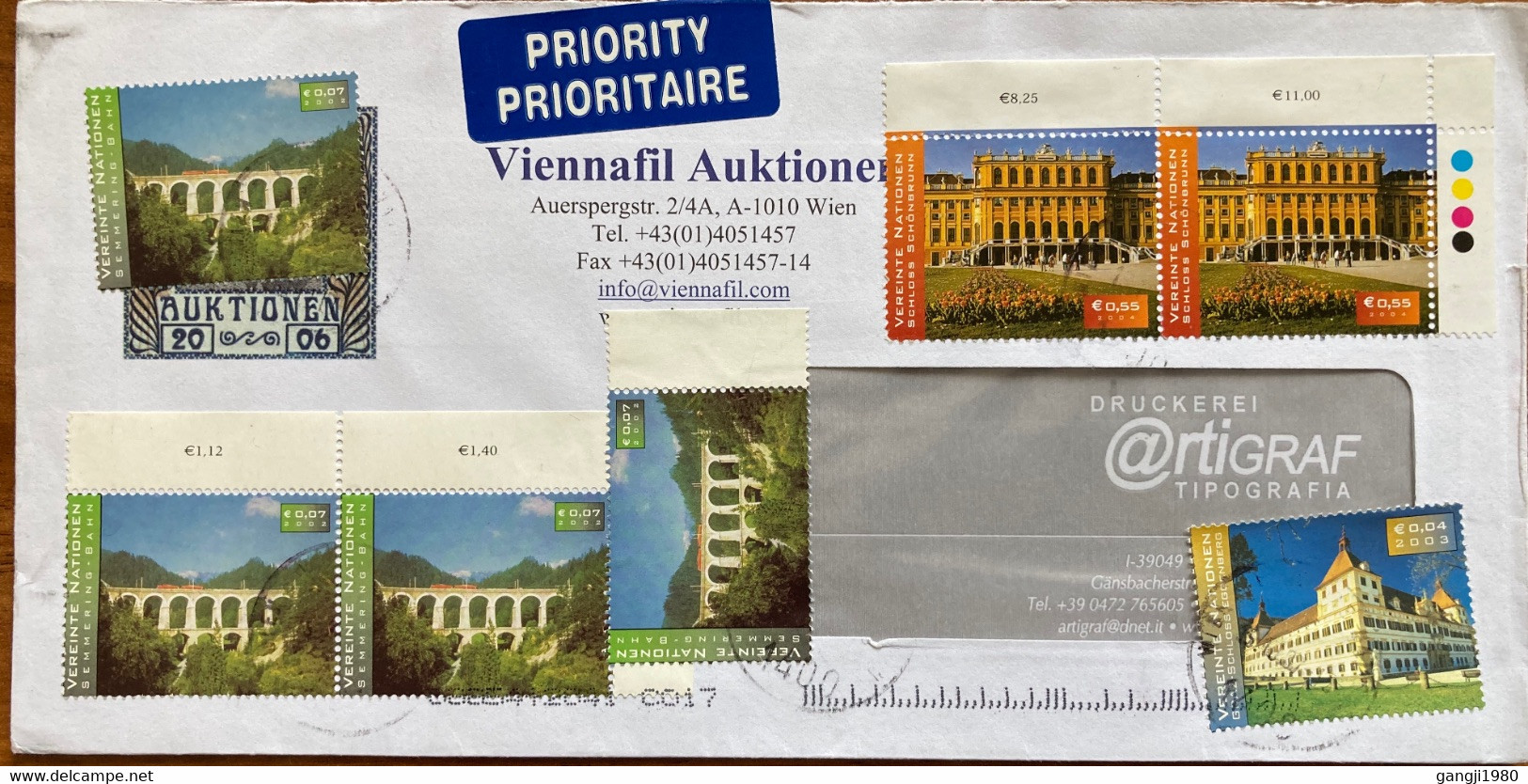 UNITED NATION-AUSTRIA WIEN 2004, AIRMAIL COVER,7 STAMPS ,RAILWAY ON BRIDGE,BUILDING,ARCHITECTURE - Storia Postale