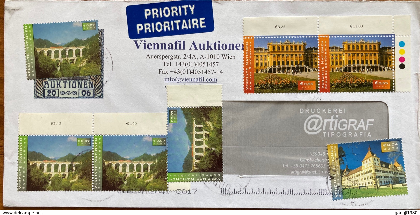 UNITED NATION-AUSTRIA WIEN 2004, AIRMAIL COVER,7 STAMPS ,RAILWAY ON BRIDGE,BUILDING,ARCHITECTURE - Briefe U. Dokumente