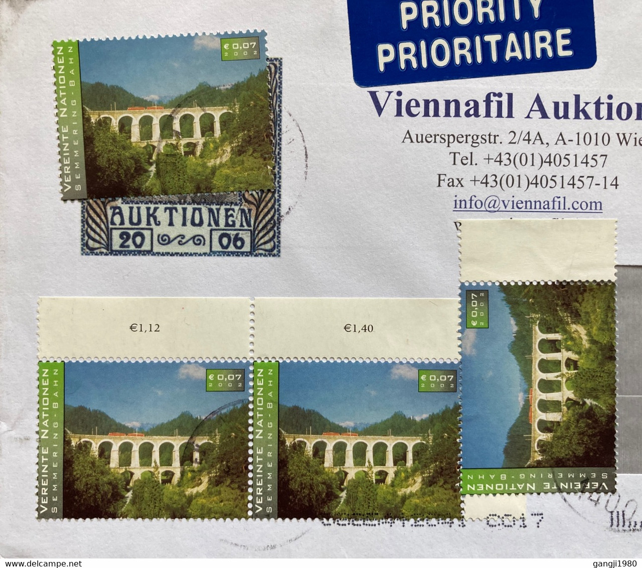 UNITED NATION-AUSTRIA WIEN 2004, AIRMAIL COVER,7 STAMPS ,RAILWAY ON BRIDGE,BUILDING,ARCHITECTURE - Briefe U. Dokumente