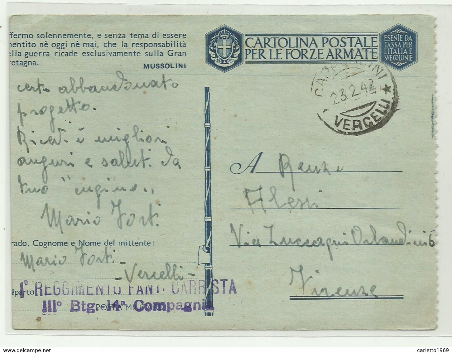 CARTOLINA FORZE ARMATE - I REGGIMENTO FANT. CARRISTA IIIo BTG. 14a COMPAGNIA 1942 - Stamped Stationery