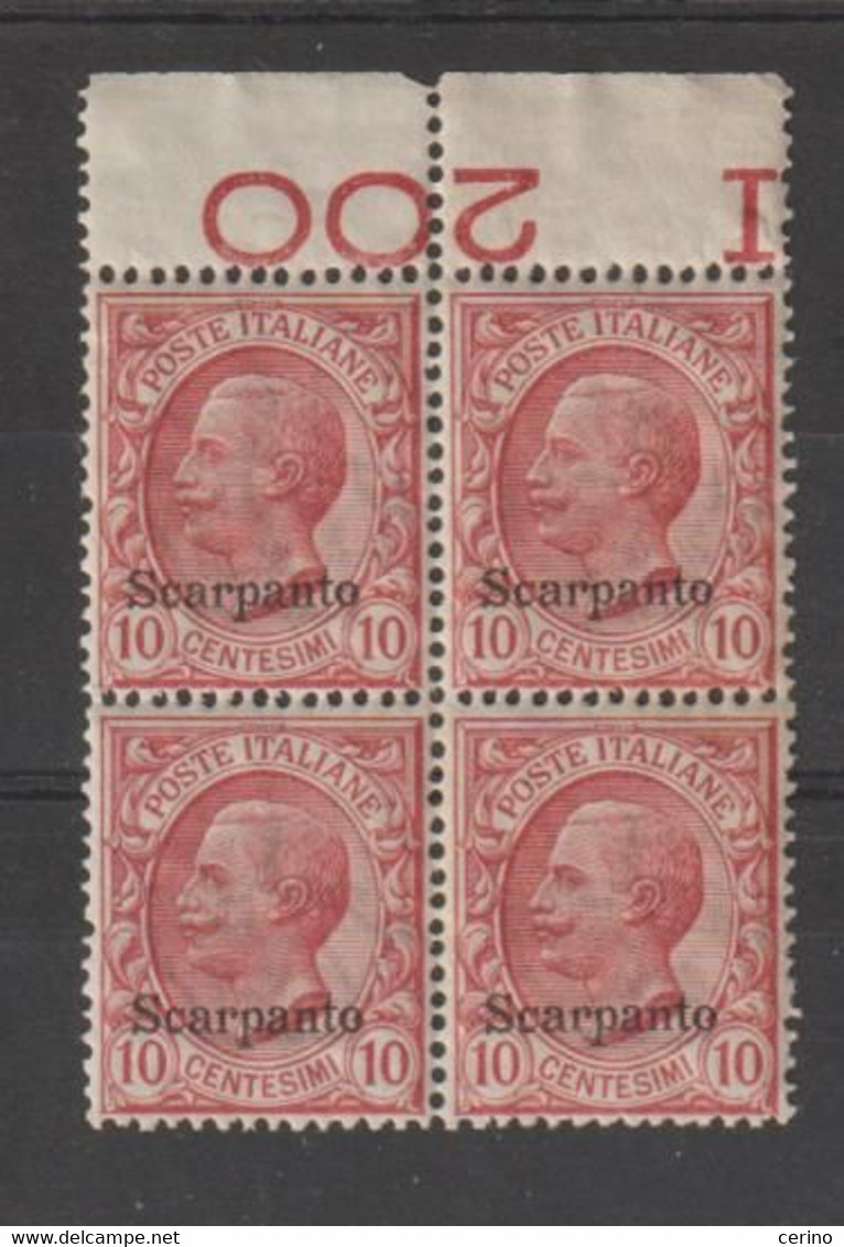 EGEO - SCARPANTO:  1912  SOPRASTAMPATI  -  10 C. ROSA  BL. 4  N.  -  SASS. 3 - Ägäis (Scarpanto)
