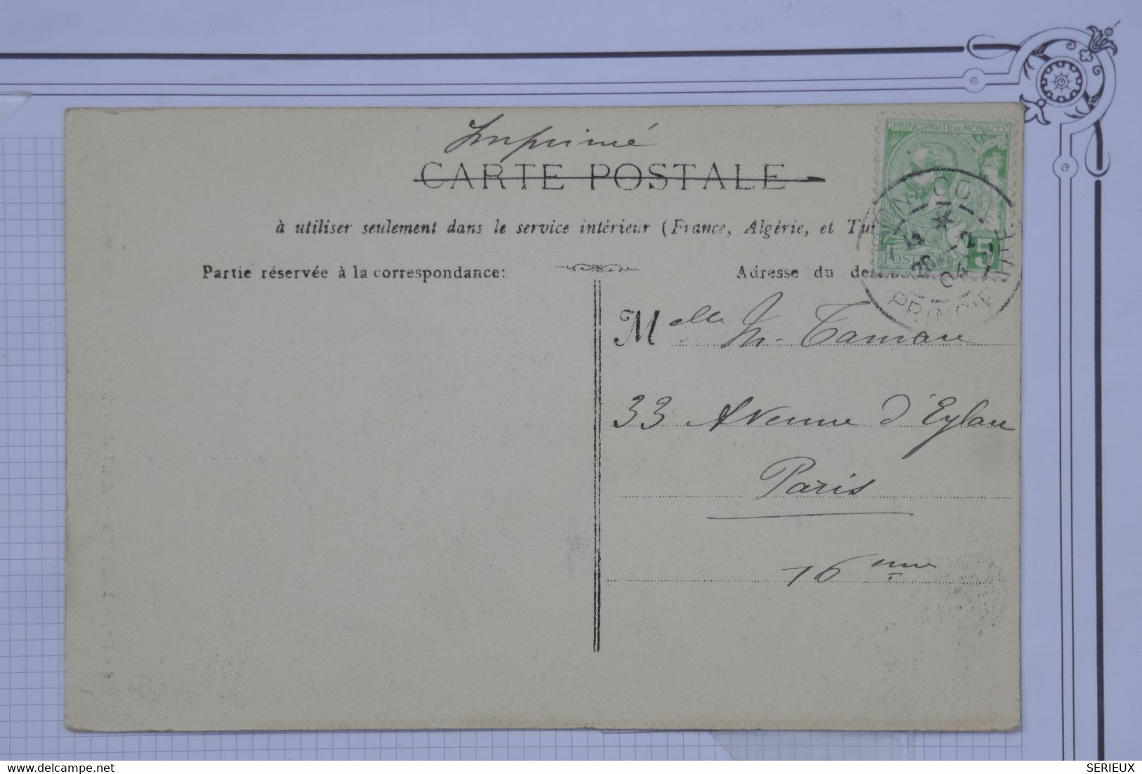 AF15 MONACO    BELLE  CARTE  1904 MONTE CARLO    A  PARIS  FRANCE +RAVIN STE DEVOTE  +AFFRANCH.PLAISANT - Covers & Documents