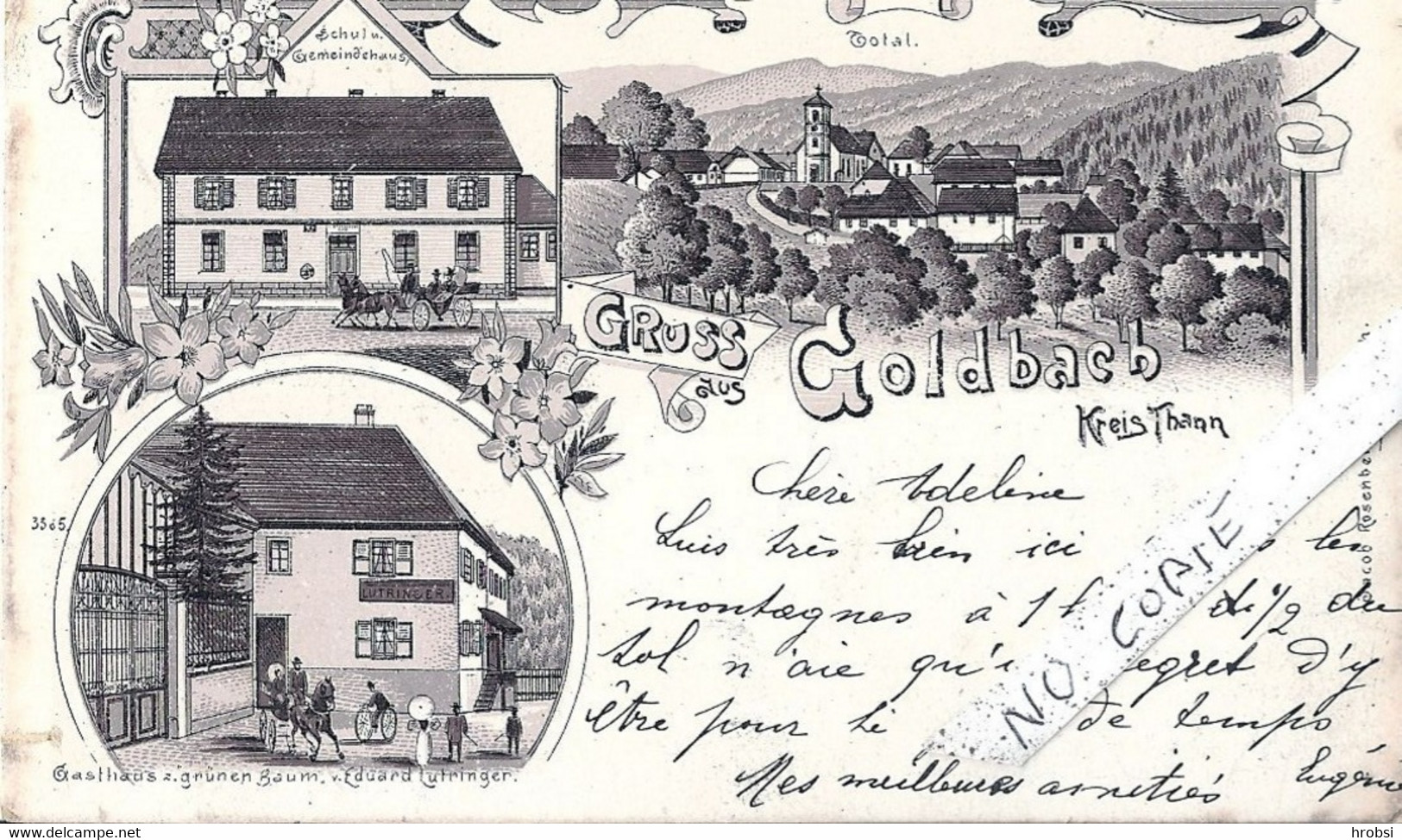 68 Haut-Rhin,, Goldbach,, Gruss Lithographie Trois Vues, Dont Restaurant Arbre Vert, Noir Et Blanc - Autres & Non Classés