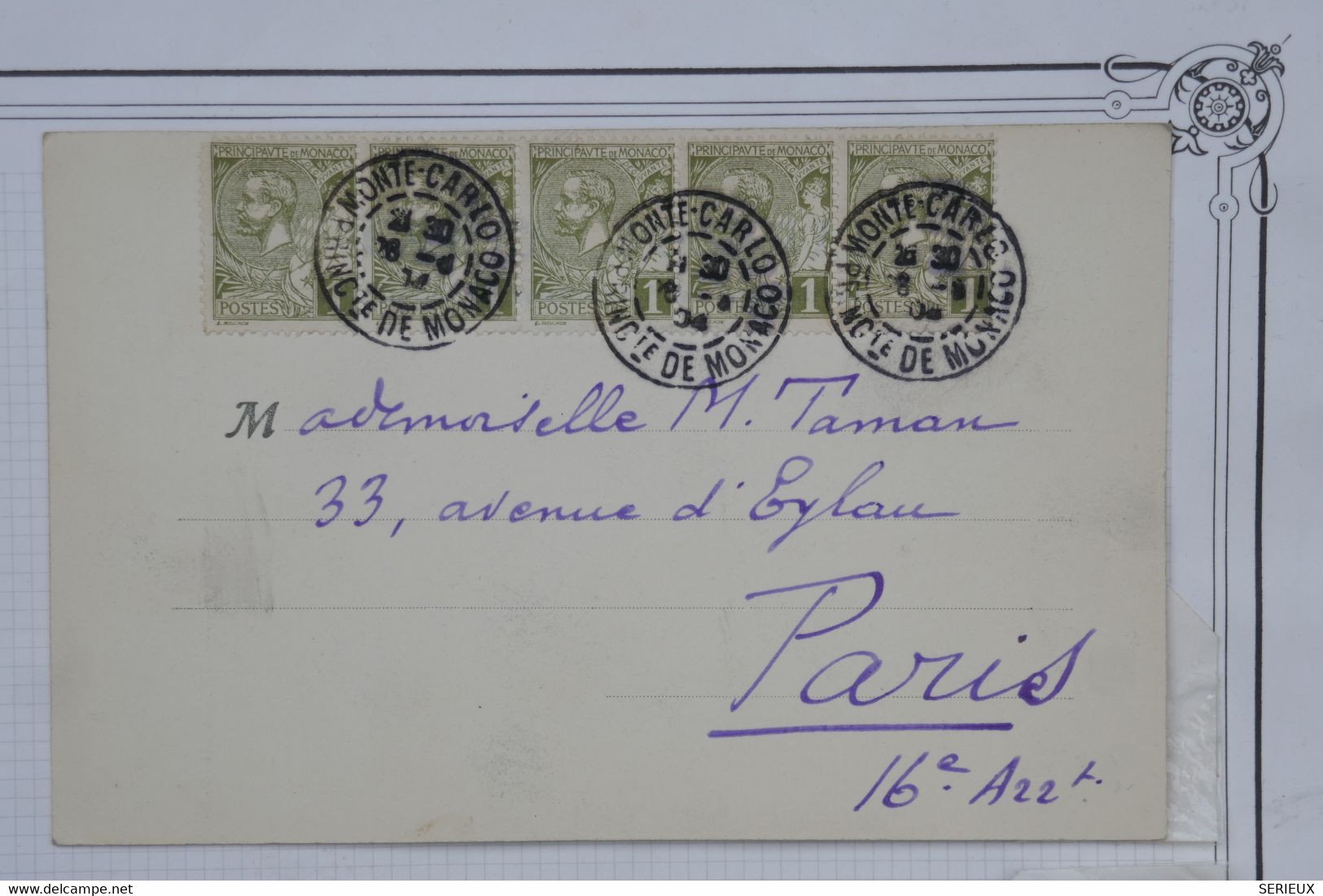 AF15 MONACO    BELLE  CARTE  1904 MONTE CARLO    A  PARIS  FRANCE + BANDE DE 5 TP+GRAND HOTEL   +AFFRANCH.INTERESSANT - Brieven En Documenten