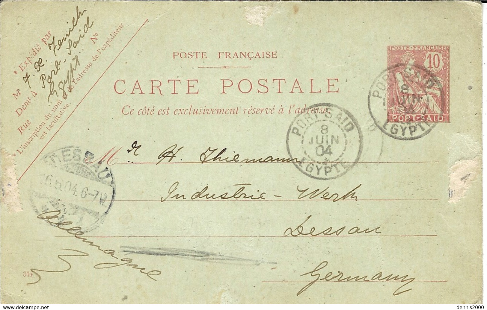 1904- C P E P  Mouchon PORT-SAID  10 C Oblit. PORT-SAID / EGYPTE  Pour L'Allemagne - Storia Postale
