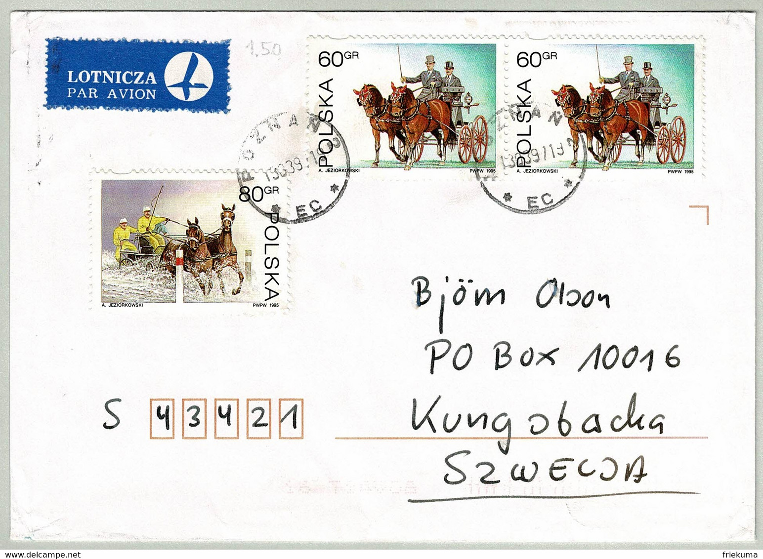 Polen / Polska 1997, Brief Poznan - Kunsbacha (Schweden), Kutschen / Calèches / Carriages, Pferde / Chevaux / Horses - Diligences