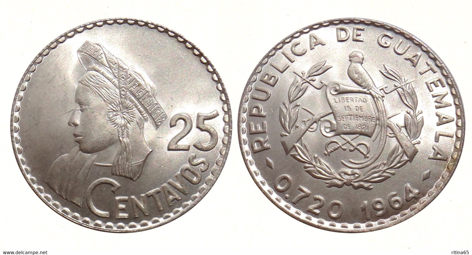 REPUBBLICA DE GUATEMALA- ECCEZIONALE 25 CENTAVOS 1964 IN ARGENTO - RARA - Guatemala