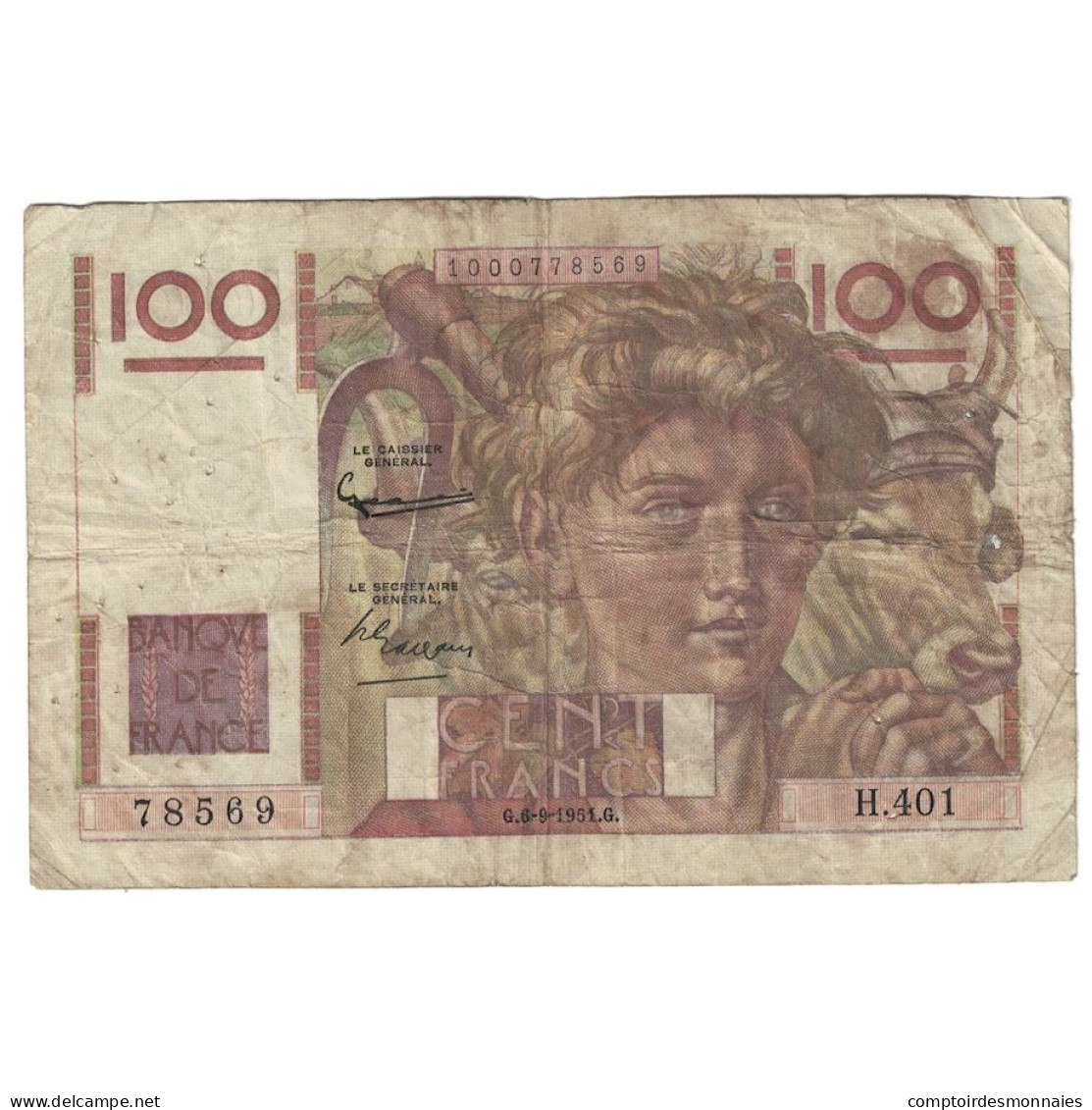 France, 100 Francs, Jeune Paysan, 1951, H.401, B+, Fayette:28.29, KM:128d - 100 F 1945-1954 ''Jeune Paysan''