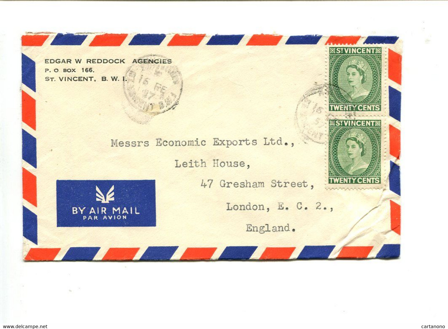 SAINT VINCENT 1957 - Affranchissement Sur Lettre Par Avion - - St.Vincent (...-1979)