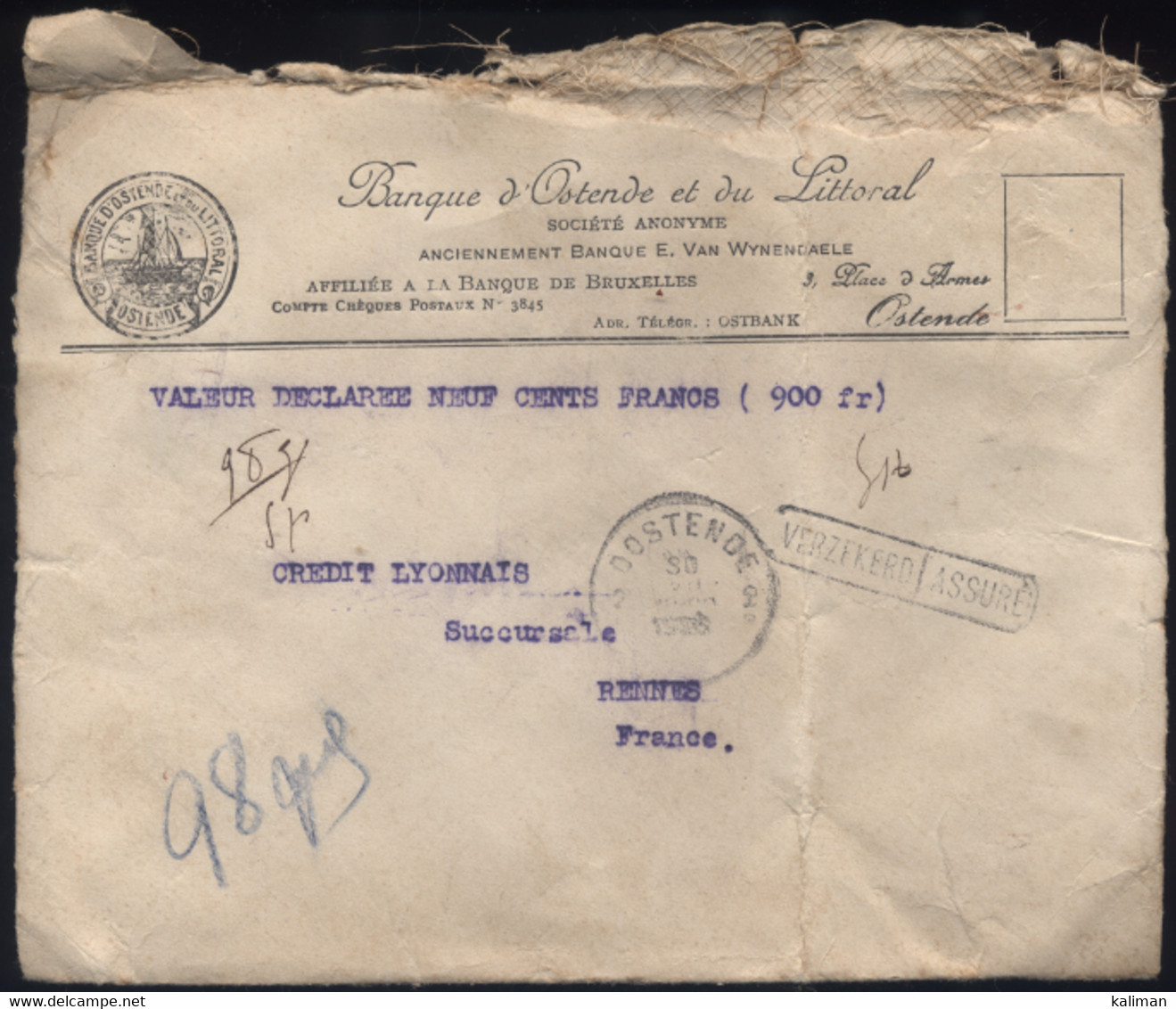 Belgique - N° 207 209 248 LsC Banque D'Ostende Valeur Déclarée Assuré - Ostende Pour Rennes - 30/07/1928 - Covers & Documents
