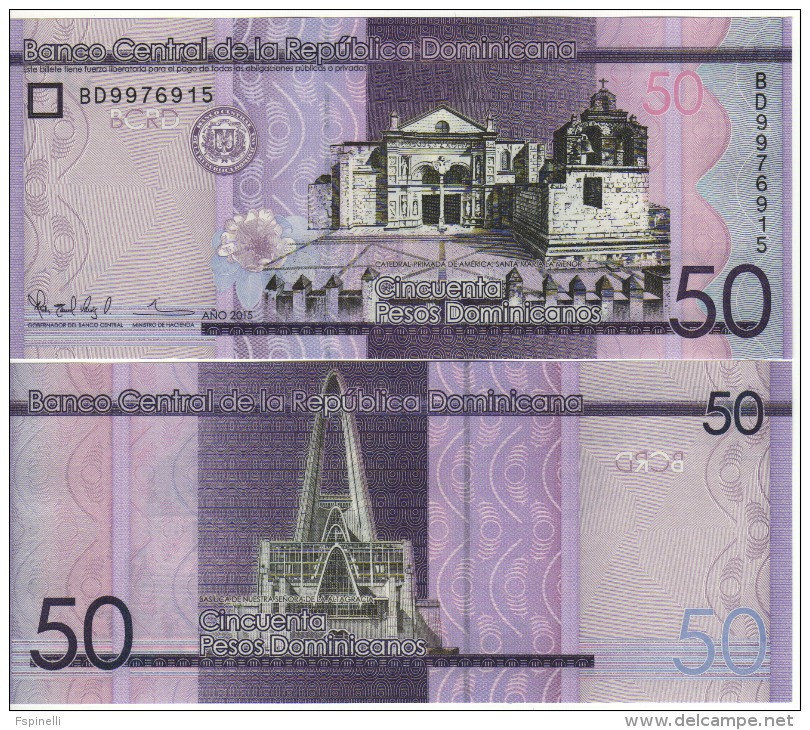 DOMINICAN   Rep.   50  Pesos Dominicanos   P189b  Dated 2015 ( Cathedral + Basilica At Back ) - Dominicaine