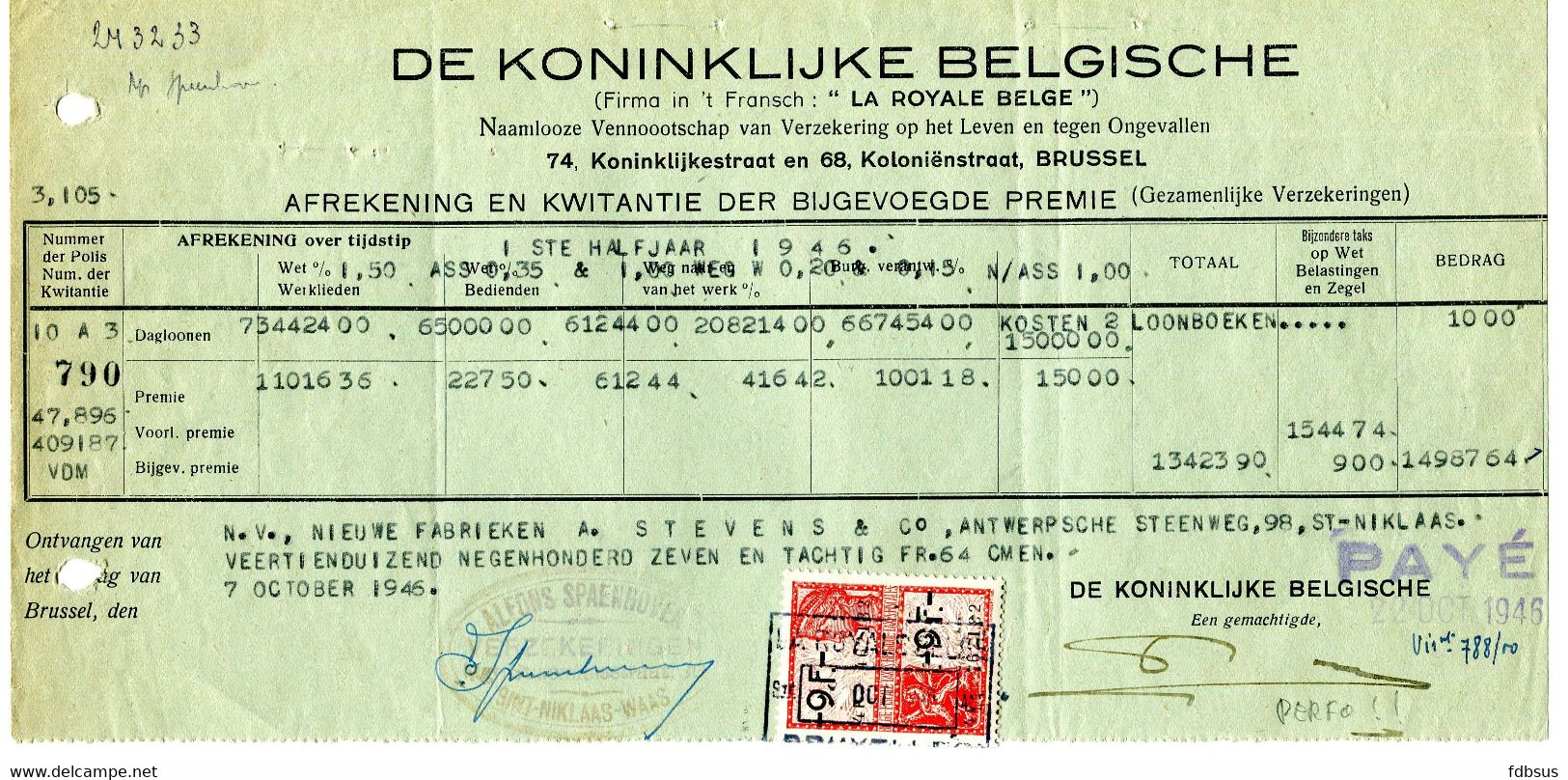 1946 Kwitantie Van DE KONINKLIJKE BELGISCHE Met Fiscale Zegels PERFIN R.B.  La Royale Belge - - Bank En Verzekering