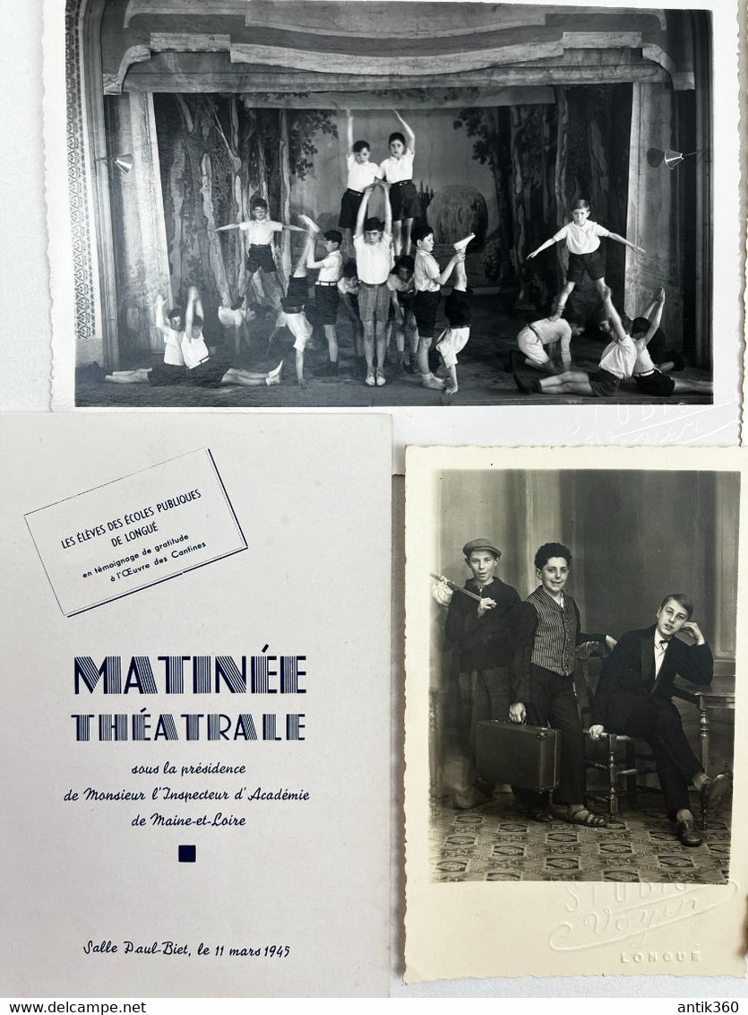 Lot De 4 Photographies + Programme Matinée Théâtrale Ecole Publique De Longué Jumelles (49) 1945 - Sonstige & Ohne Zuordnung