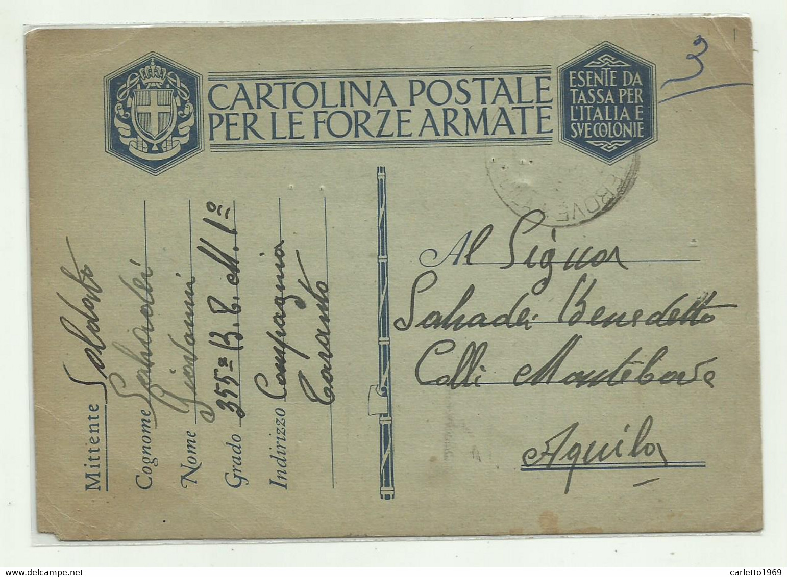 CARTOLINA FORZE ARMATE - 355 BATTAGLIONE TARANTO 1941 - Stamped Stationery