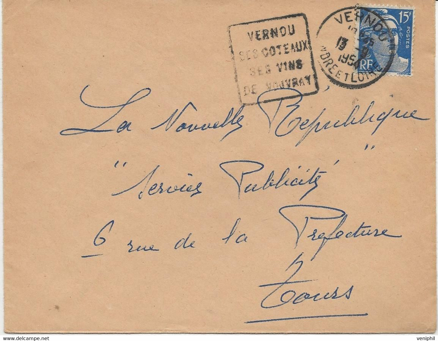 LETTRE AFFRANCHIE N° 886  OBLITERATION DAGUIN " VERNOU LES COTEAUX -SES VINS DE VOUVRAY -INDRE ET LOIRE -1954 - Mechanical Postmarks (Other)