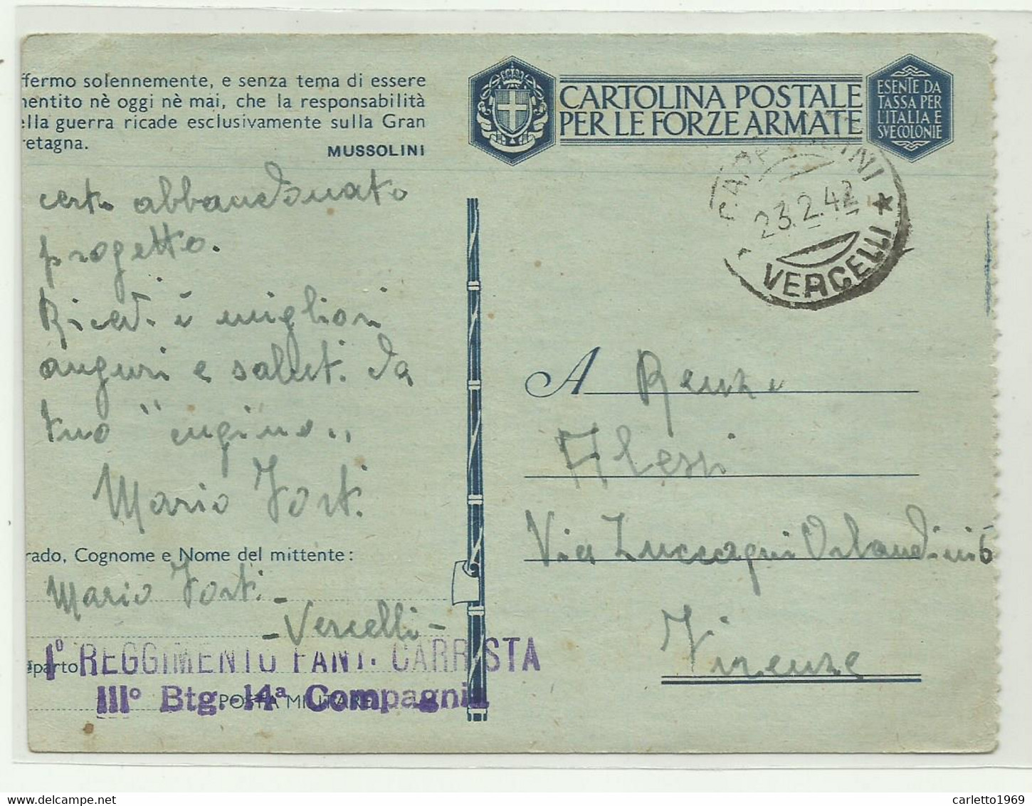 CARTOLINA FORZE ARMATE - I REGGIMENTO FANT. CARRISTA III BTG. 14a COMPAGNIA - VERCELLI  1942 - Stamped Stationery