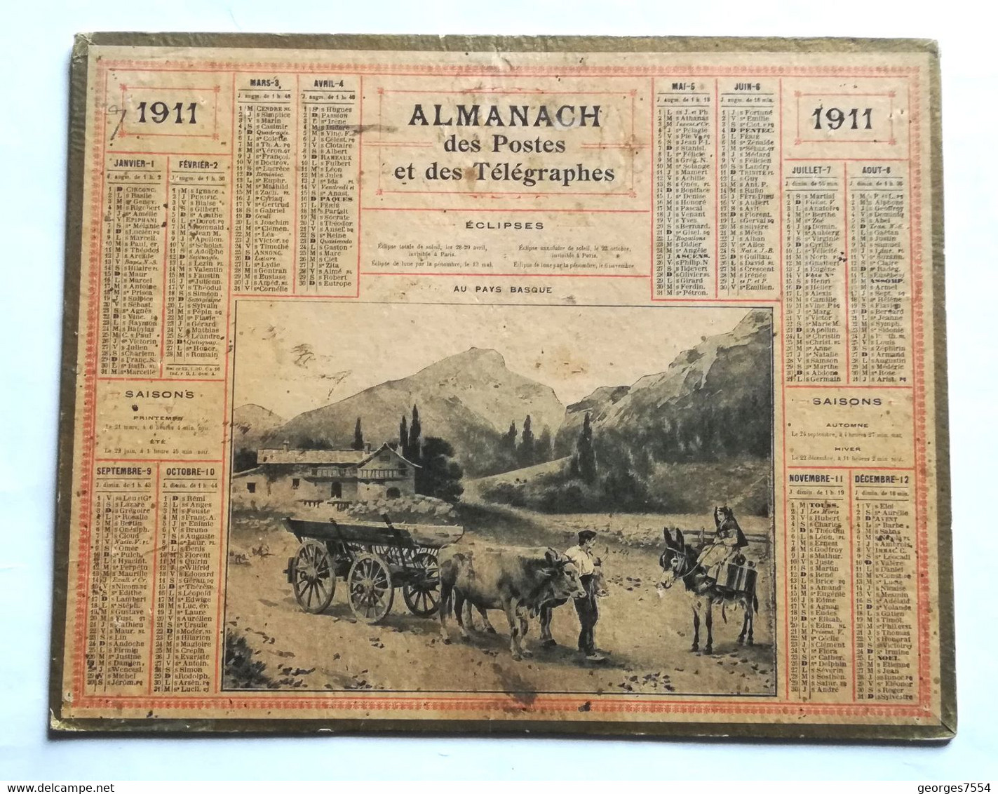 Calendrier Almannac Des Postes 1911 -Au Pays Basque - Grand Format : 1901-20