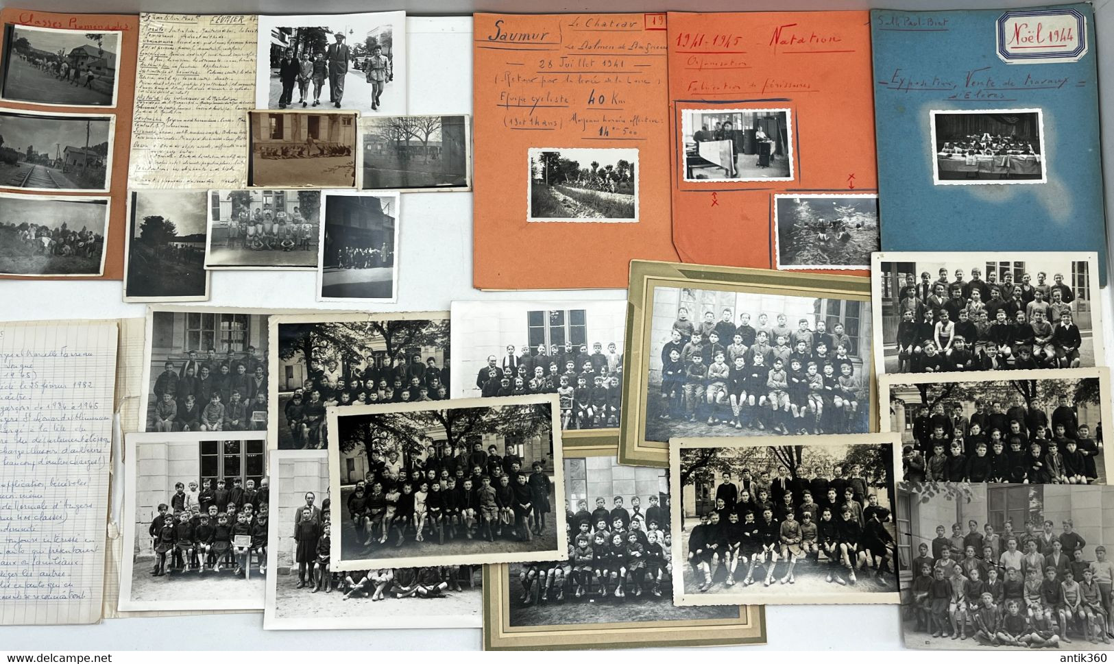 Lot De 24 Photographies Dont Groupes Classes + Documents Sortie Scolaire Divers Ecole Publique Longué Jumelles 1941-1945 - Altri & Non Classificati