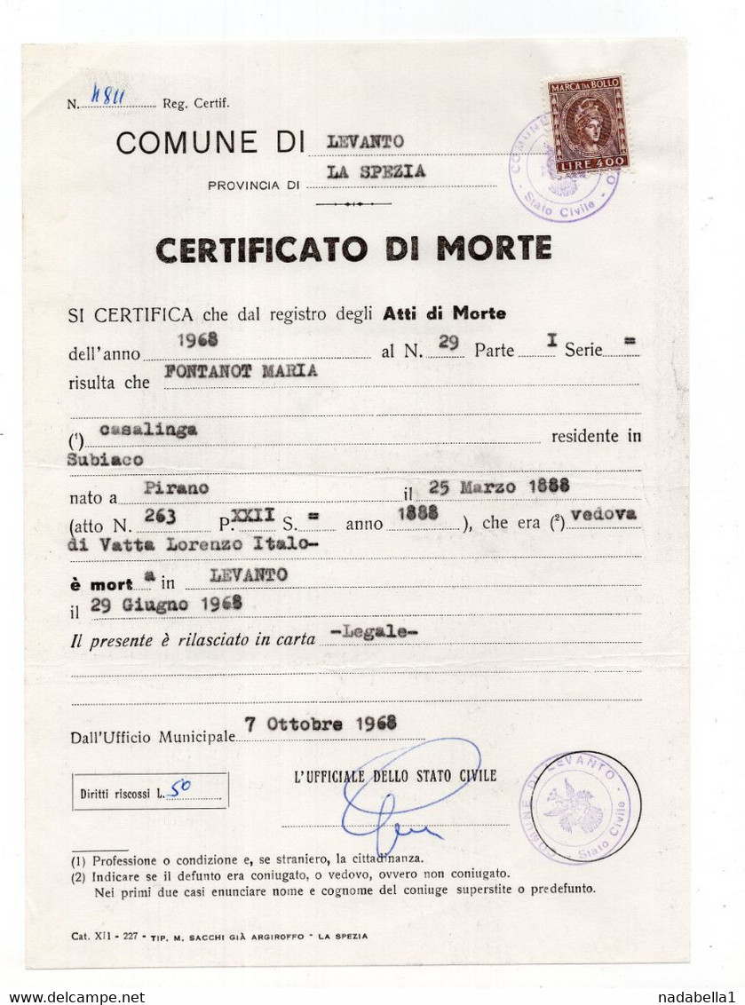 1968. ITALY,LA SPEZIA,DEATH CERTIFICATE,400 LIRE REVENUE STAMP - Steuermarken