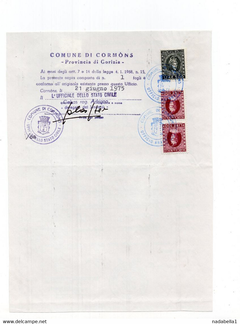 1975. ITALY,CORMONS,BURIAL PERMIT,3 REVENUE STAMPS - Steuermarken