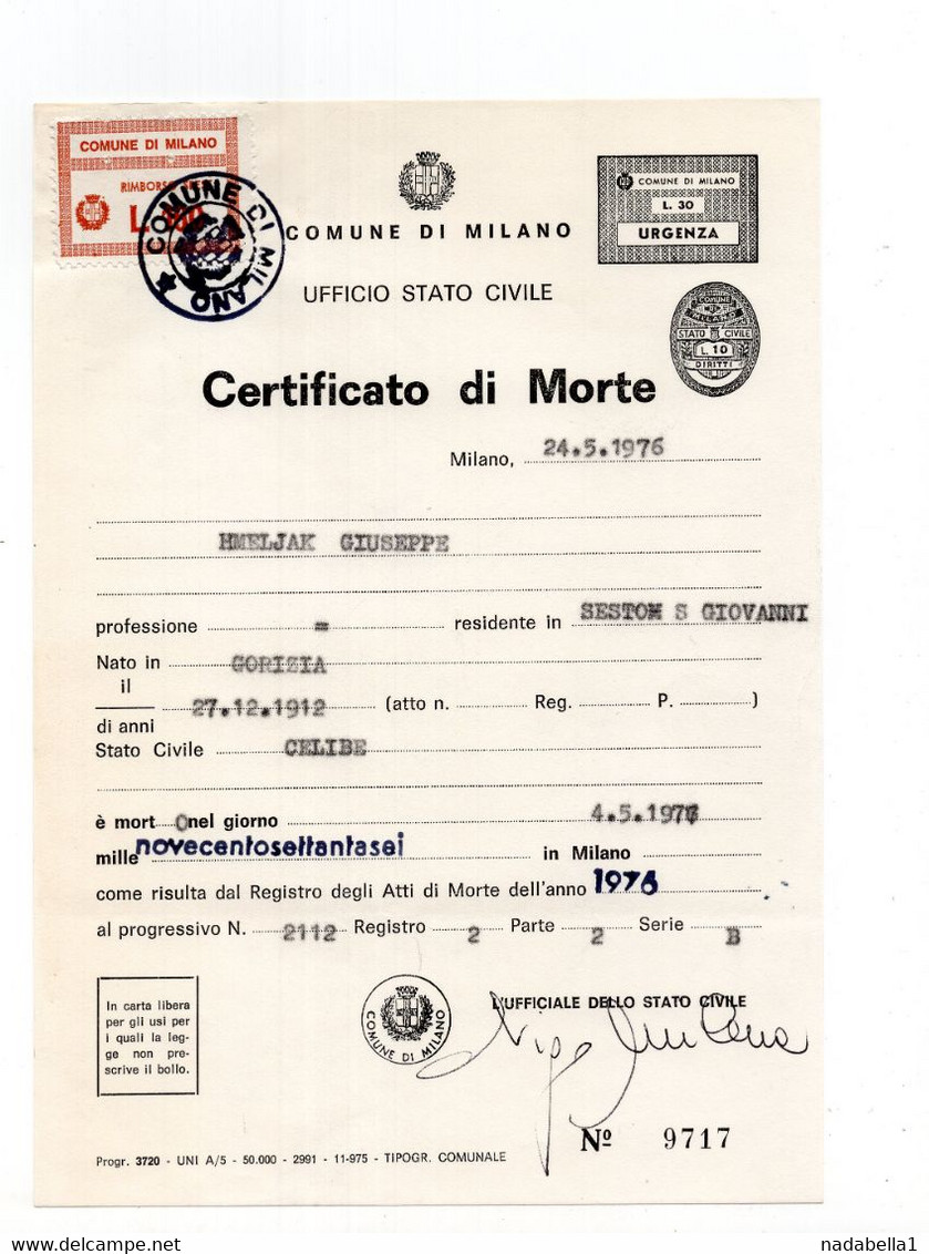 1976. ITALY,MILAN,DEATH CERTIFICATE,MUNICIPALITY OF MILAN REVENUE STAMP - Steuermarken