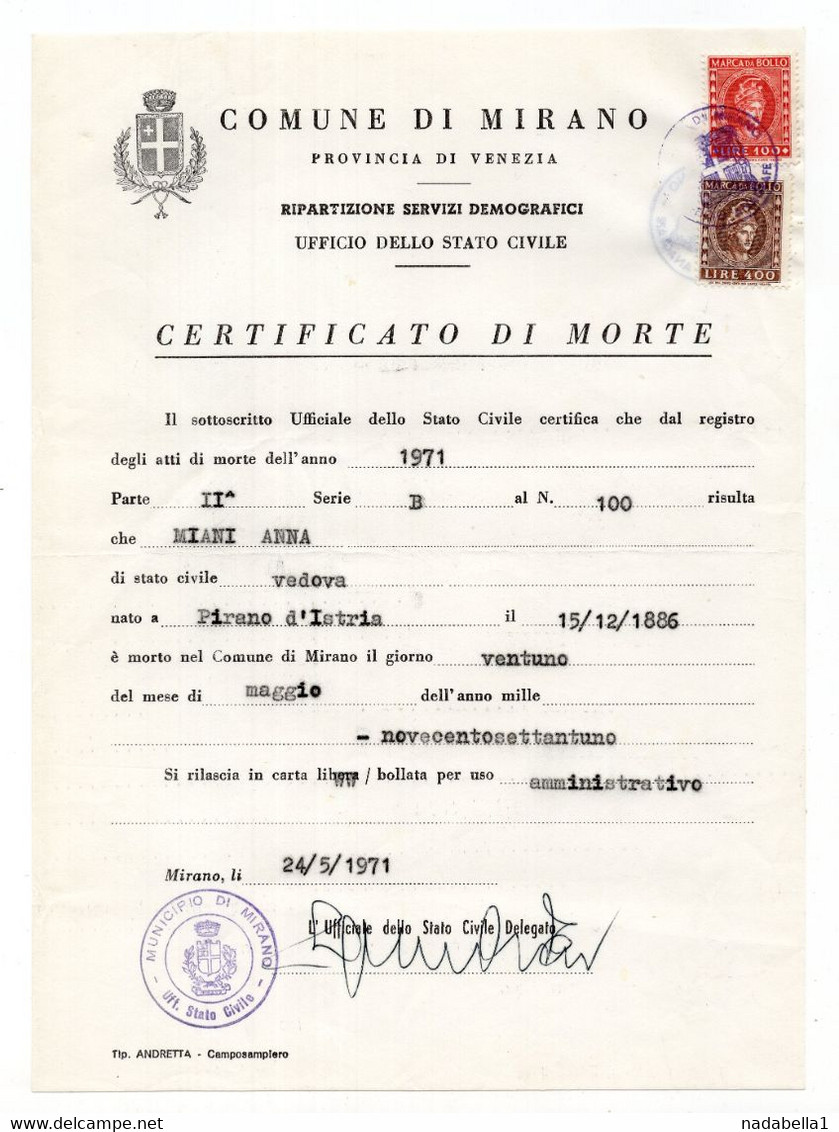 1971. ITALY,MERANO,DEATH CERTIFICATE,2 REVENUE STAMPS - Steuermarken