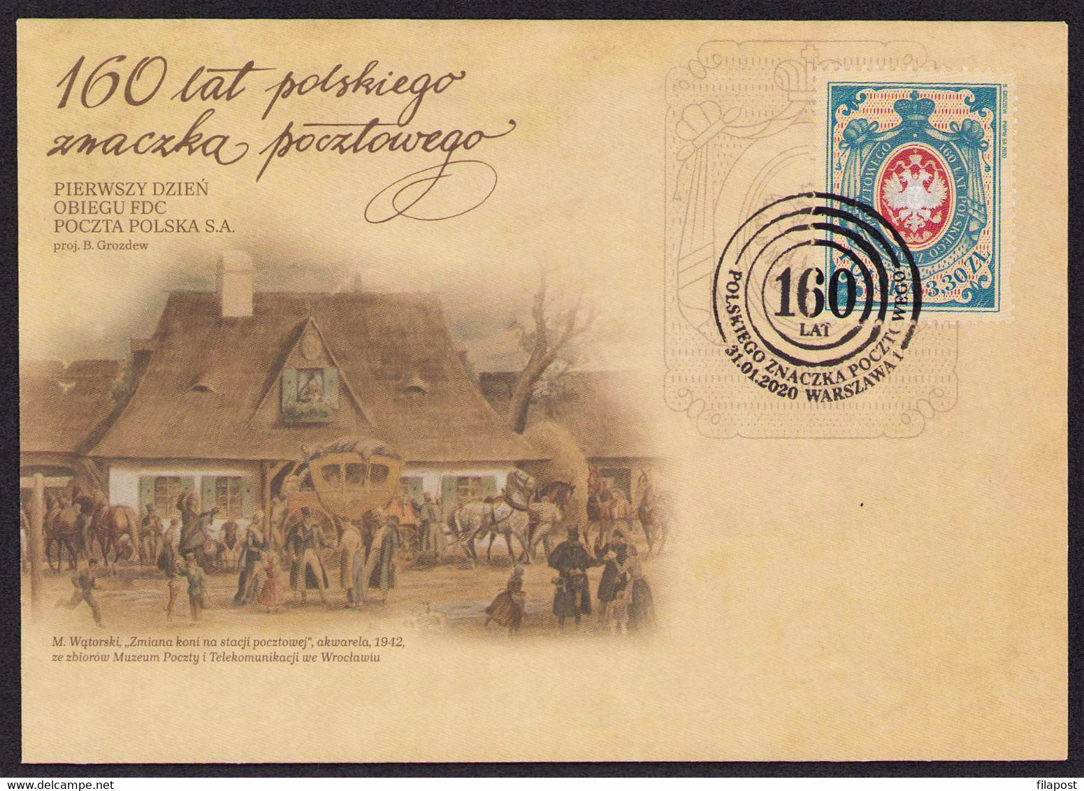 POLAND 2020 FDC / 160 Years Of Polish Postage Stamp, Eagle, Herb, M. Watarski Painting, Horses - Lettres & Documents