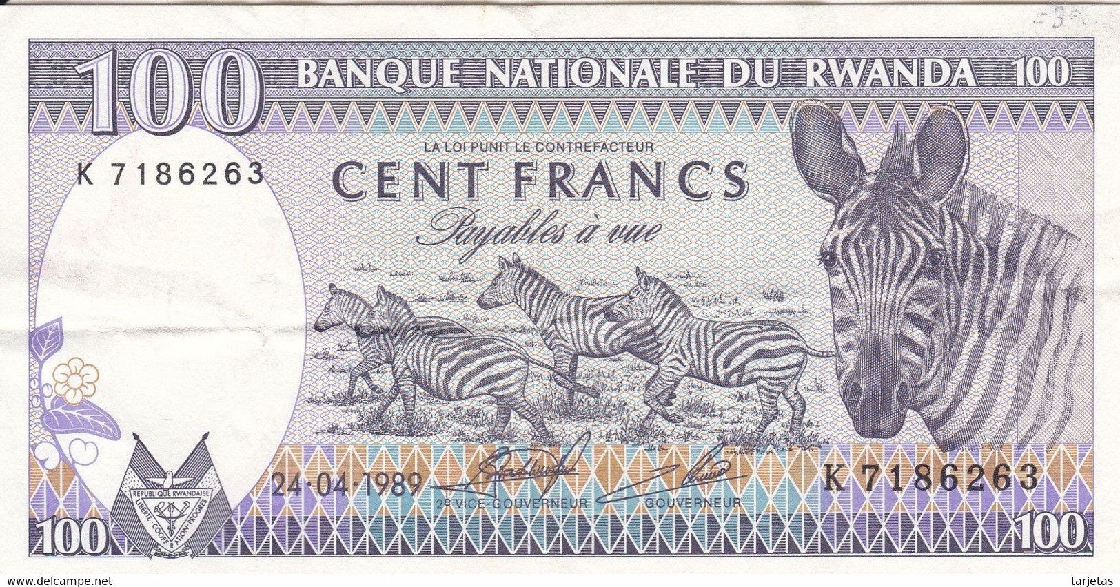 BILLETE DE RWANDA DE 100 FRANCS DEL AÑO 1989 (BANKNOTE) CEBRA-ZEBRA - Rwanda