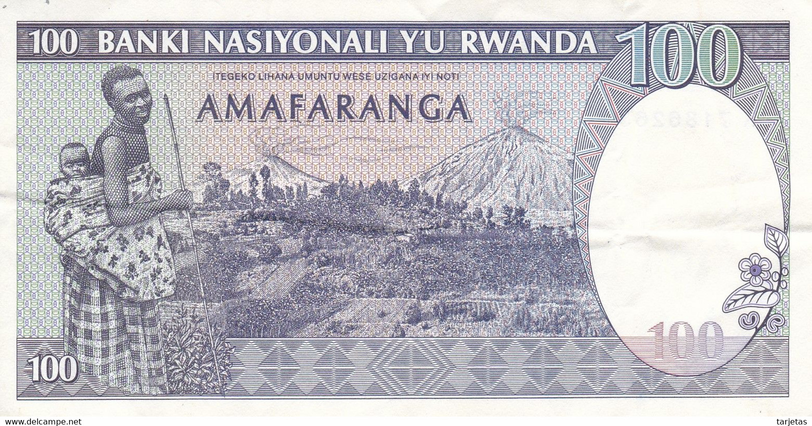 BILLETE DE RWANDA DE 100 FRANCS DEL AÑO 1989 (BANKNOTE) CEBRA-ZEBRA - Ruanda