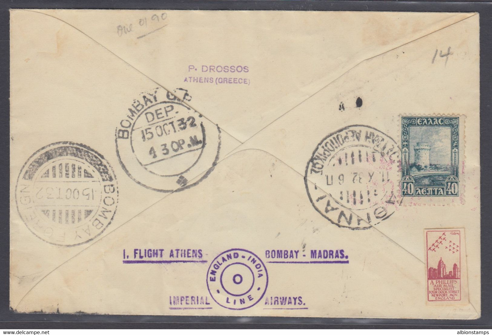 Greece 1932 First Flight From Athens To Bombay, First Flight Karachi To Madras - Lettres & Documents