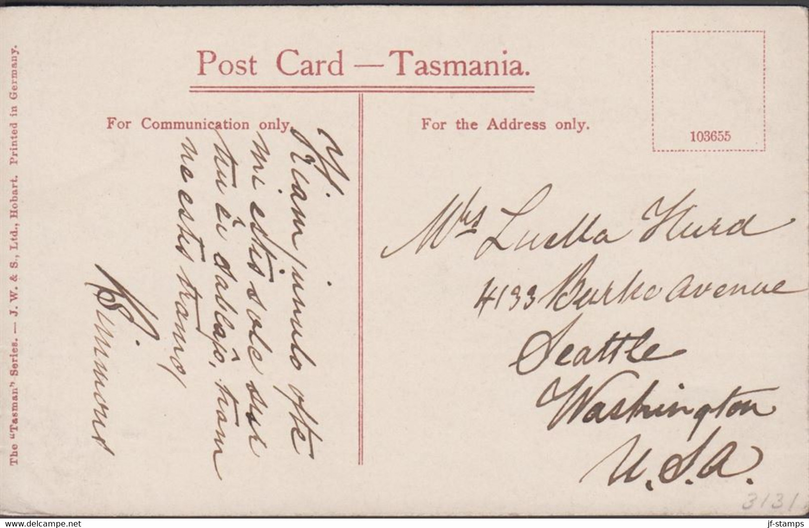 1900. Tasmania. POST CARD With Long Beach, Near Hobart To Washington USA With 2½ D TASMANS ARCH.  - JF430293 - Briefe U. Dokumente
