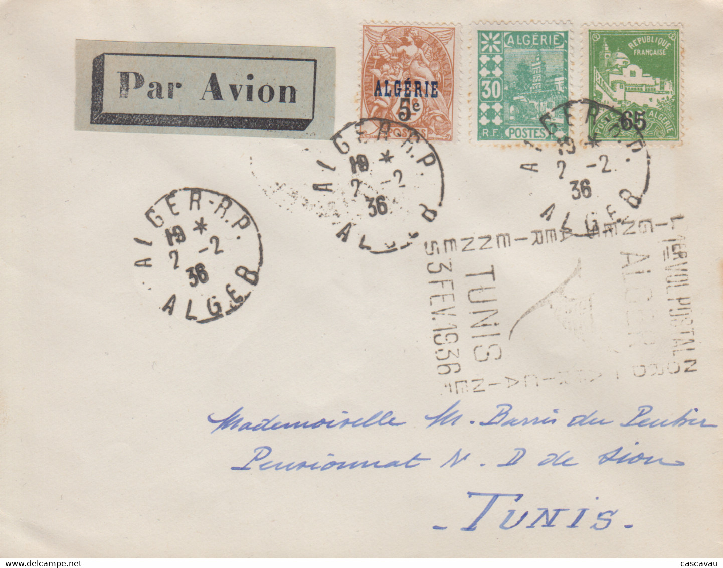 Enveloppe   ALGERIE    1er   Vol    Postal       ALGER - TUNIS   1936 - Poste Aérienne